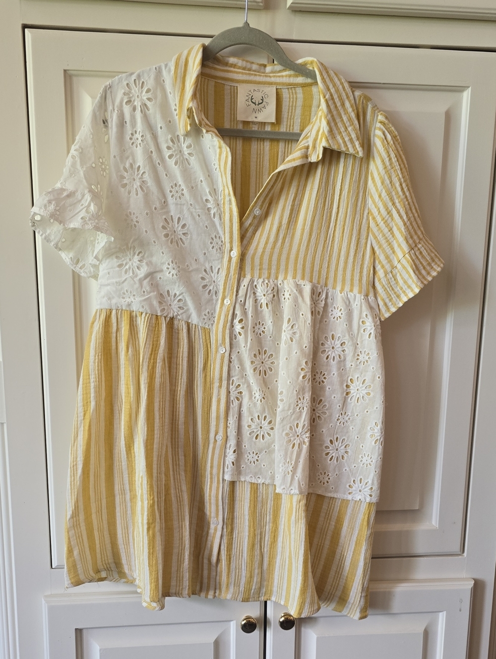 Fantastic Fawn Yellow and White Striped Eyelet Patchwork Mini Dress